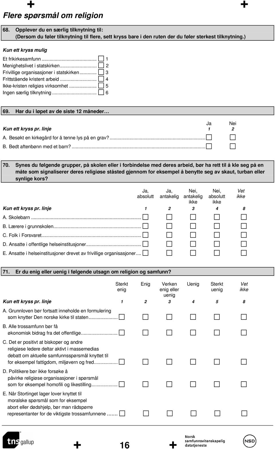 Har du i løpet av de siste 12 måneder Ja Nei Kun ett kryss pr. linje 1 2 A. Besøkt en kirkegård for å tenne lys på en grav?... B. Bedt aftenbønn med et barn?... 70.
