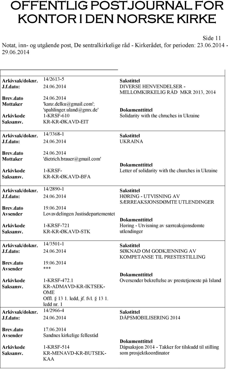 com' Arkivkode 1-KRSF- Letter of solidarity with the churches in Ukraine Saksansv. KR-KR-ØKAVD-BFA Arkivsak/doknr. 14/2890-1 Sakstittel J.f.dato: 24.06.