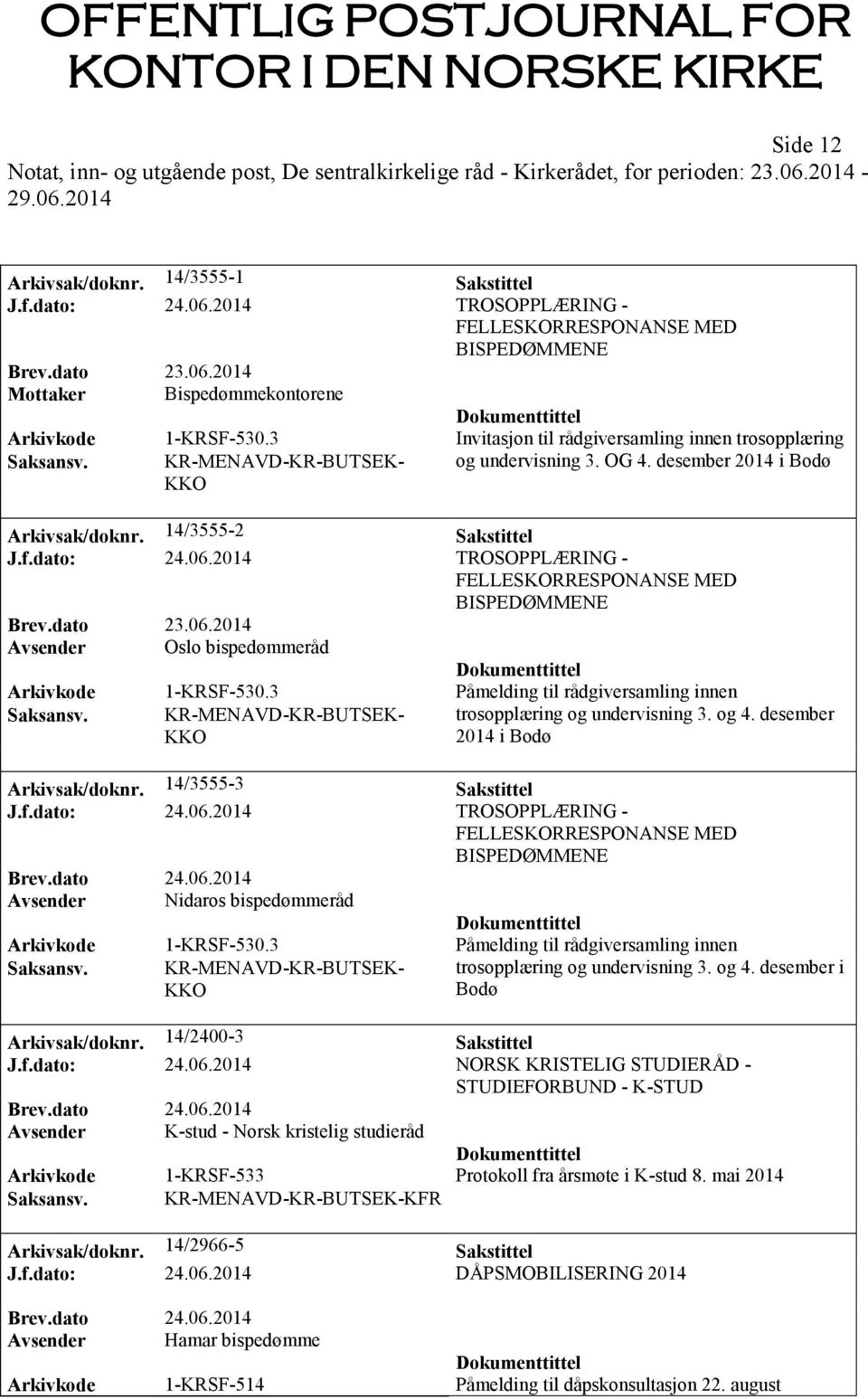 2014 TROSOPPLÆRING - FELLESKORRESPONANSE MED BISPEDØMMENE Avsender Oslo bispedømmeråd Arkivkode 1-KRSF-530.3 Påmelding til rådgiversamling innen Saksansv.