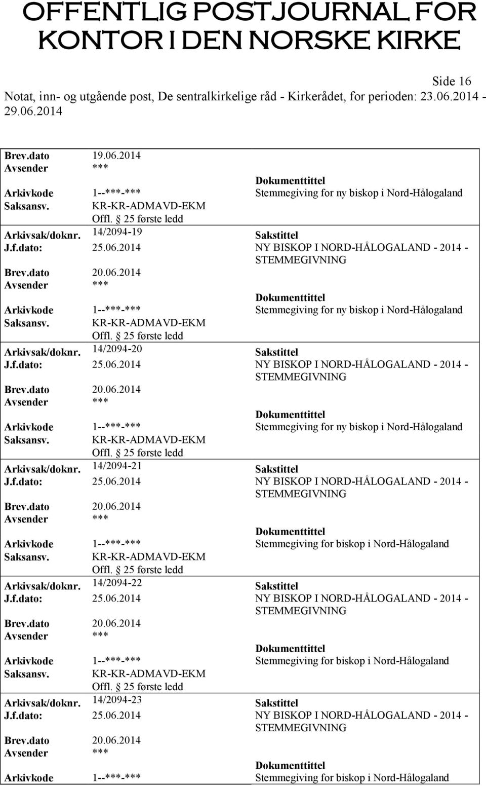 f.dato: 25.06.2014 NY BISKOP I NORD-HÅLOGALAND - 2014 - Arkivkode 1--***-*** Stemmegiving for biskop i Nord-Hålogaland