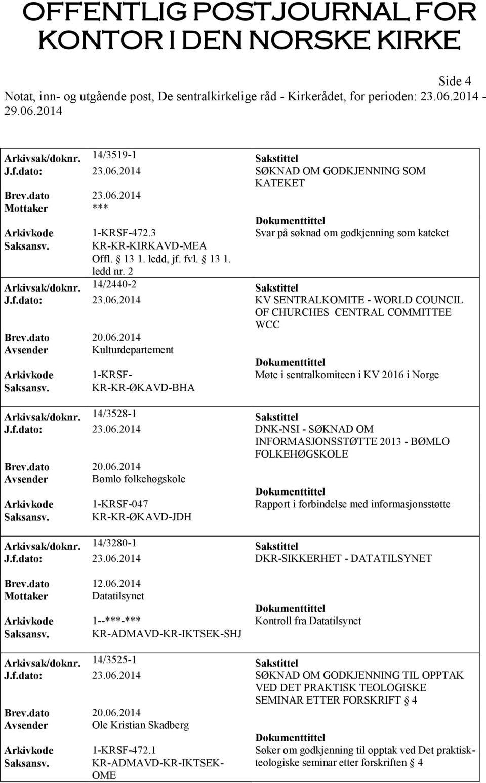 2014 KV SENTRALKOMITE - WORLD COUNCIL OF CHURCHES CENTRAL COMMITTEE WCC Avsender Kulturdepartement Arkivkode 1-KRSF- Møte i sentralkomiteen i KV 2016 i Norge Saksansv. KR-KR-ØKAVD-BHA Arkivsak/doknr.