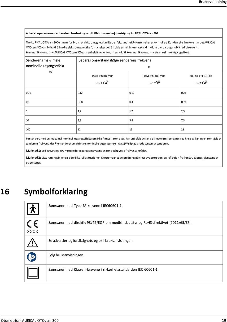 Kunden eller brukeren av det AURICAL OTOcam 300kan bidra tilå hindre elektromagnetiske forstyrrelser ved å holdeen minimumsavstand mellom bærbart ogmobilt radiofrekvent kommunikasjonsutstyr AURICAL