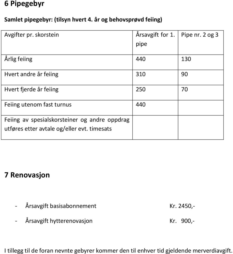 spesialskorsteiner og andre oppdrag utføres etter avtale og/eller evt. timesats 7 Renovasjon - Årsavgift basisabonnement Kr.