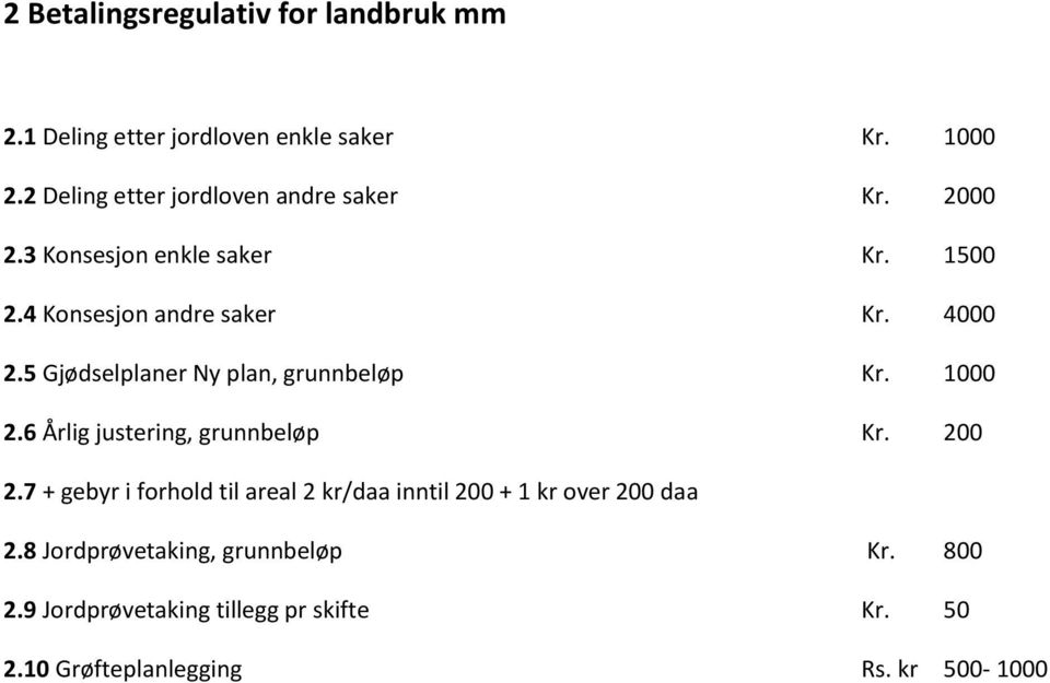 5 Gjødselplaner Ny plan, grunnbeløp Kr. 1000 2.6 Årlig justering, grunnbeløp Kr. 200 2.