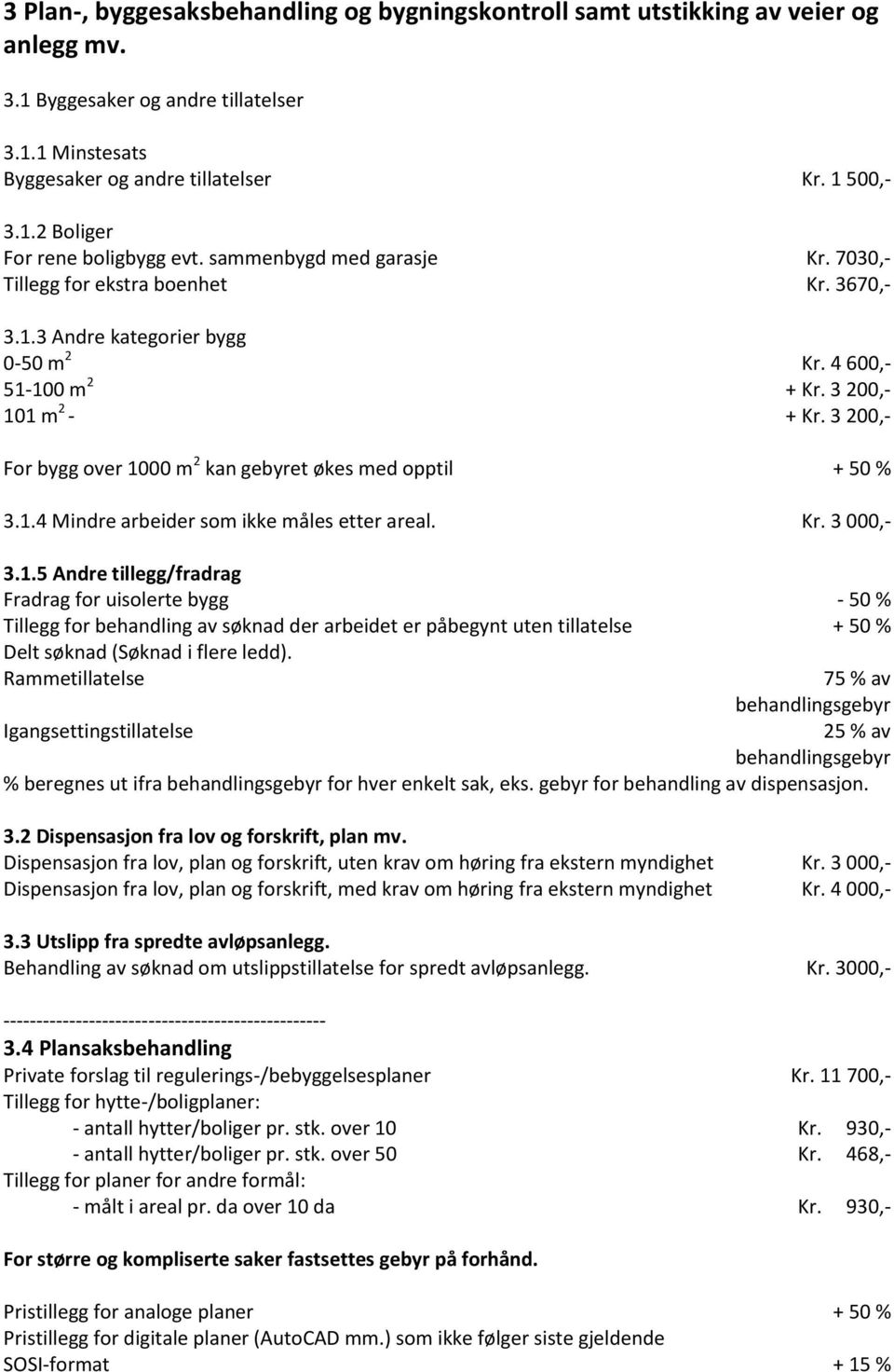 3 200,- For bygg over 1000 m 2 kan gebyret økes med opptil + 50 % 3.1.4 Mindre arbeider som ikke måles etter areal. Kr. 3 000,- 3.1.5 Andre tillegg/fradrag Fradrag for uisolerte bygg - 50 % Tillegg for behandling av søknad der arbeidet er påbegynt uten tillatelse + 50 % Delt søknad (Søknad i flere ledd).