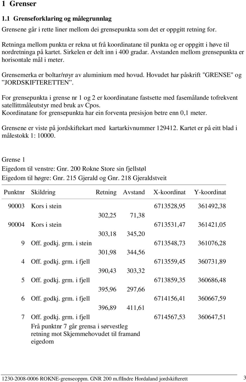 Avstanden mellom grensepunkta er horisontale mål i meter. Grensemerka er boltar/røyr av aluminium med hovud. Hovudet har påskrift "GRENSE" og JORDSKIFTERETTEN.