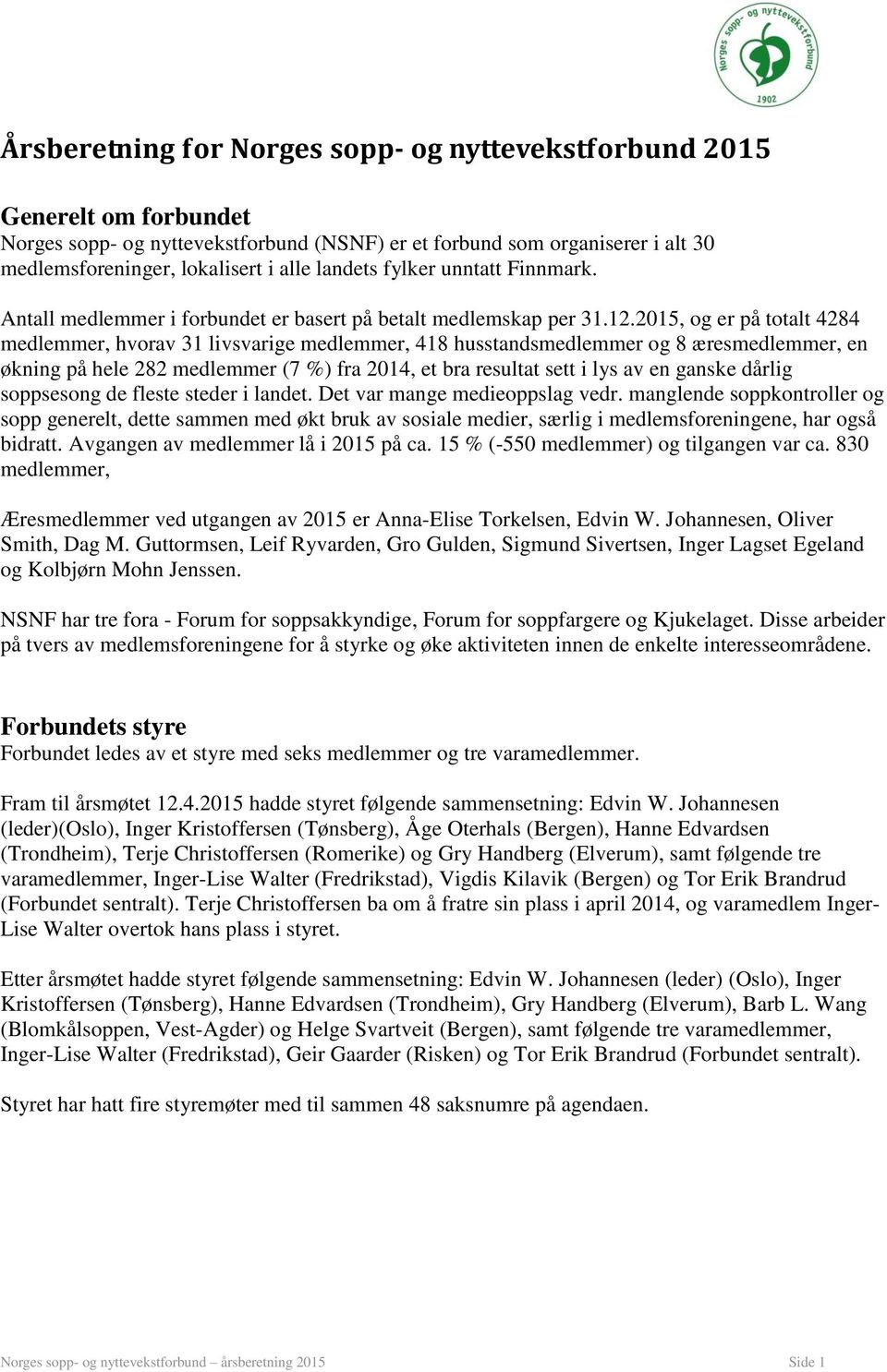 2015, og er på totalt 4284 medlemmer, hvorav 31 livsvarige medlemmer, 418 husstandsmedlemmer og 8 æresmedlemmer, en økning på hele 282 medlemmer (7 %) fra 2014, et bra resultat sett i lys av en