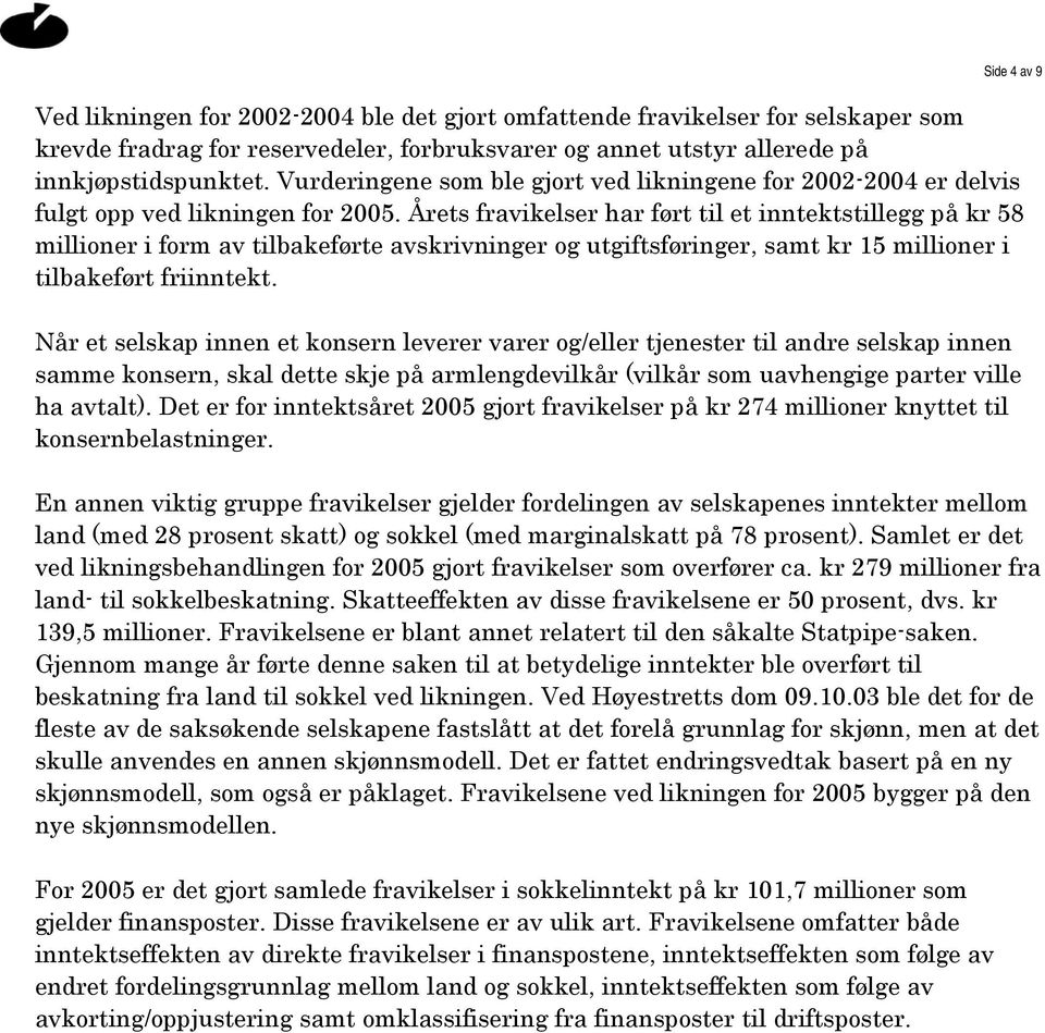 Årets fravikelser har ført til et inntektstillegg på kr 58 millioner i form av tilbakeførte avskrivninger og utgiftsføringer, samt kr 15 millioner i tilbakeført friinntekt.