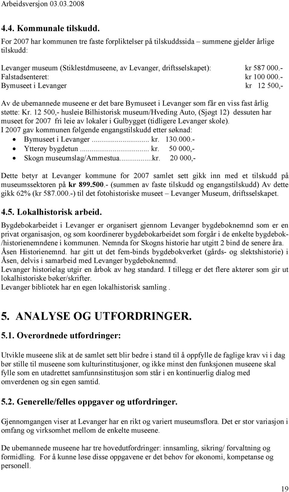 12 500,- husleie Bilhistorisk museum/hveding Auto, (Sjøgt 12) dessuten har museet for 2007 fri leie av lokaler i Gulbygget (tidligere Levanger skole).