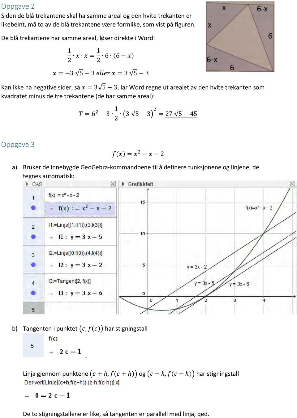 kvadratet minus de tre trekantene (de har samme areal): T = 6 1 ( 5 ) = 7 5 45 Oppgave f(x) = x x a) Bruker de innebygde GeoGebra-kommandoene til å definere funksjonene og linjene, de