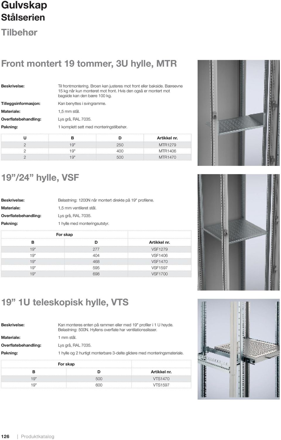 U B D 2 19" 250 MTR1279 2 19" 400 MTR1406 2 19" 500 MTR1470 19 /24 hylle, VSF Belastning: 1200N når montert direkte på 19" profilene. 1,5 mm ventileret stål. Lys grå, RAL 7035.