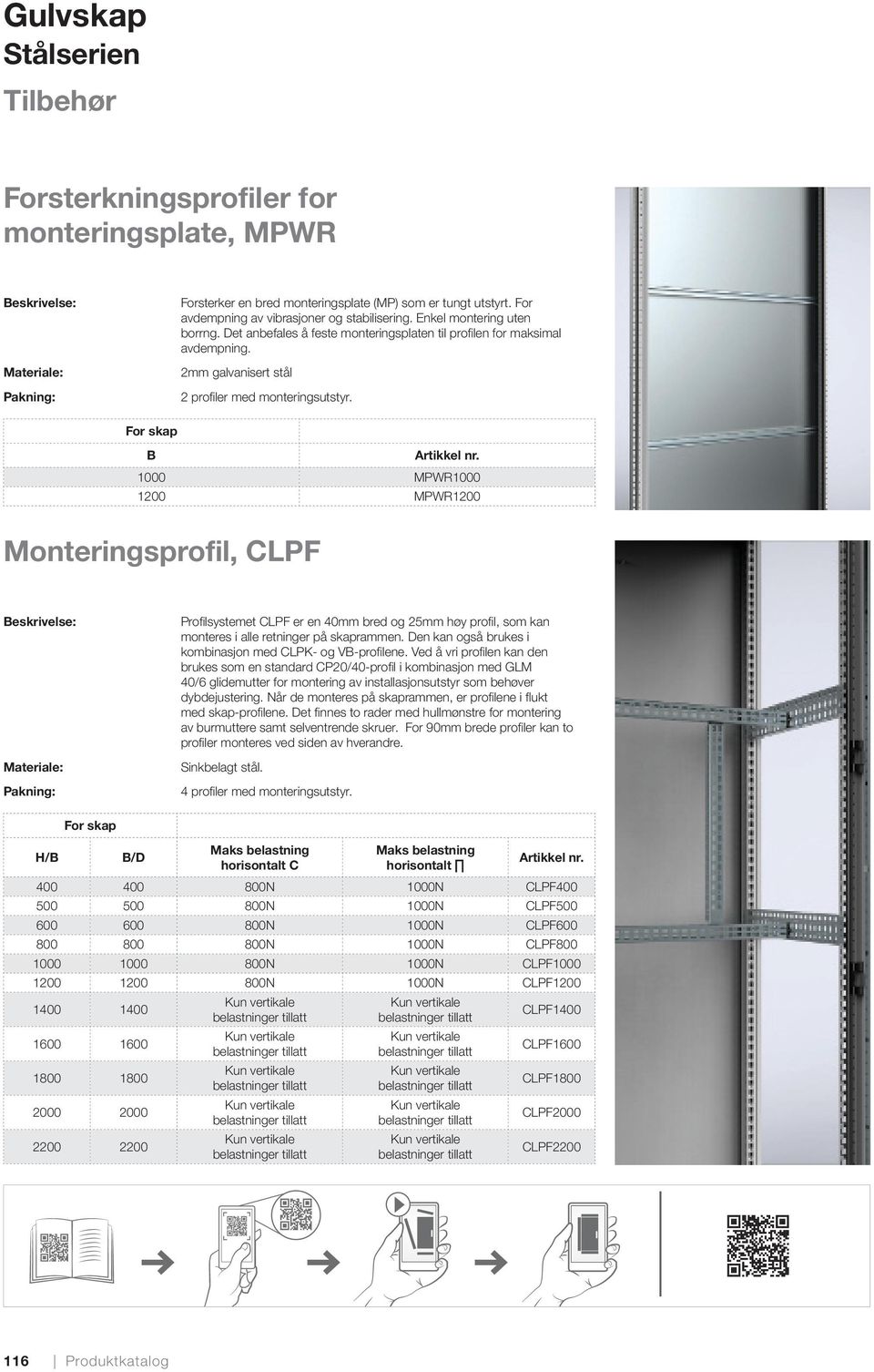 B 1000 MPWR1000 1200 MPWR1200 Monteringsprofil, CLPF Profi lsystemet CLPF er en 40mm bred og 25mm høy profi l, som kan monteres i alle retninger på skaprammen.