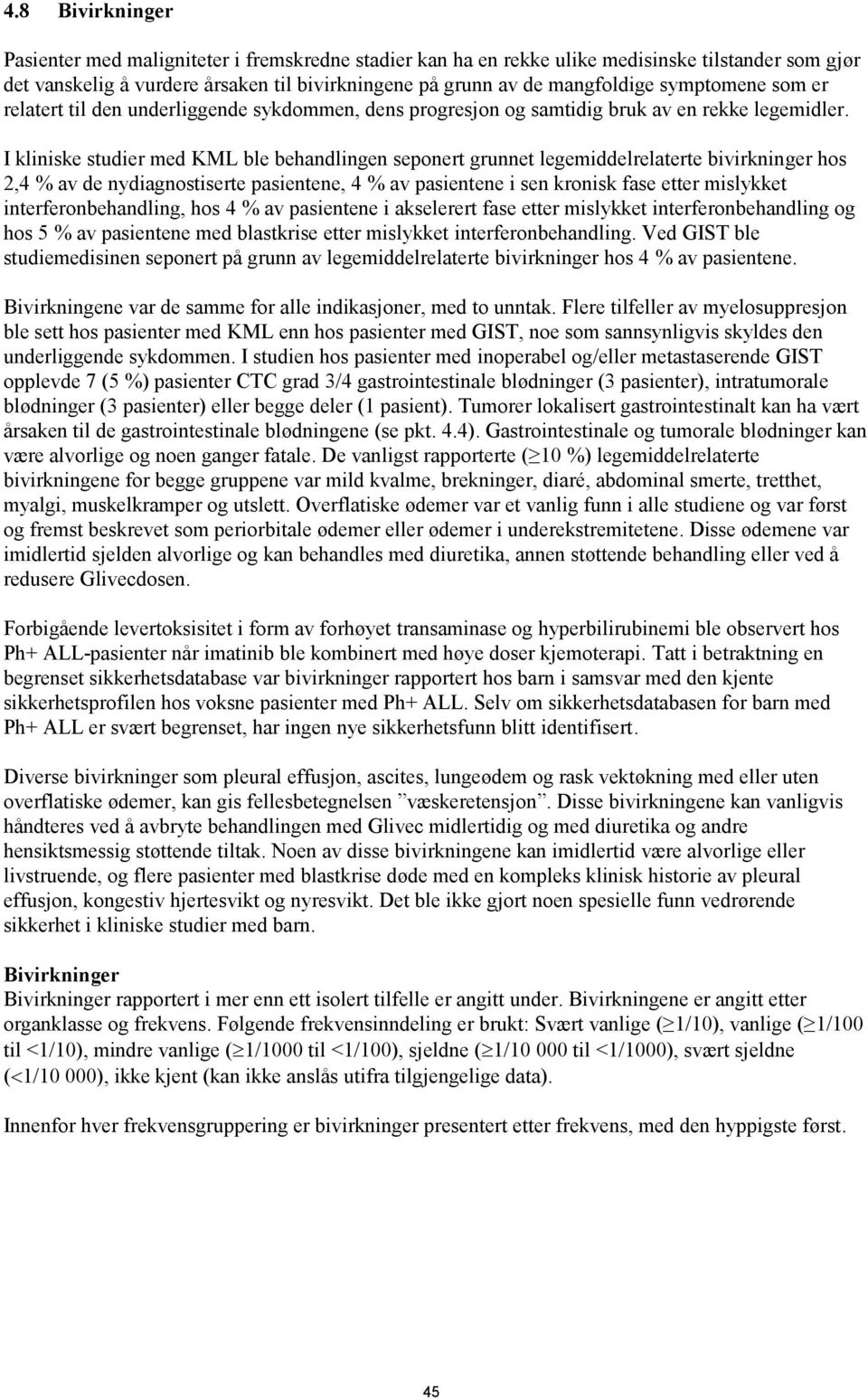 I kliniske studier med KML ble behandlingen seponert grunnet legemiddelrelaterte bivirkninger hos 2,4 % av de nydiagnostiserte pasientene, 4 % av pasientene i sen kronisk fase etter mislykket