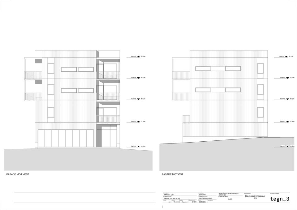 8 m FASADE MOT VEST FASADE MOT ØST PROSJEKT: Alf Nebbs gate TEGNINGSTITTEL: Fasader mot vest og øst TEGN.: KONTR.