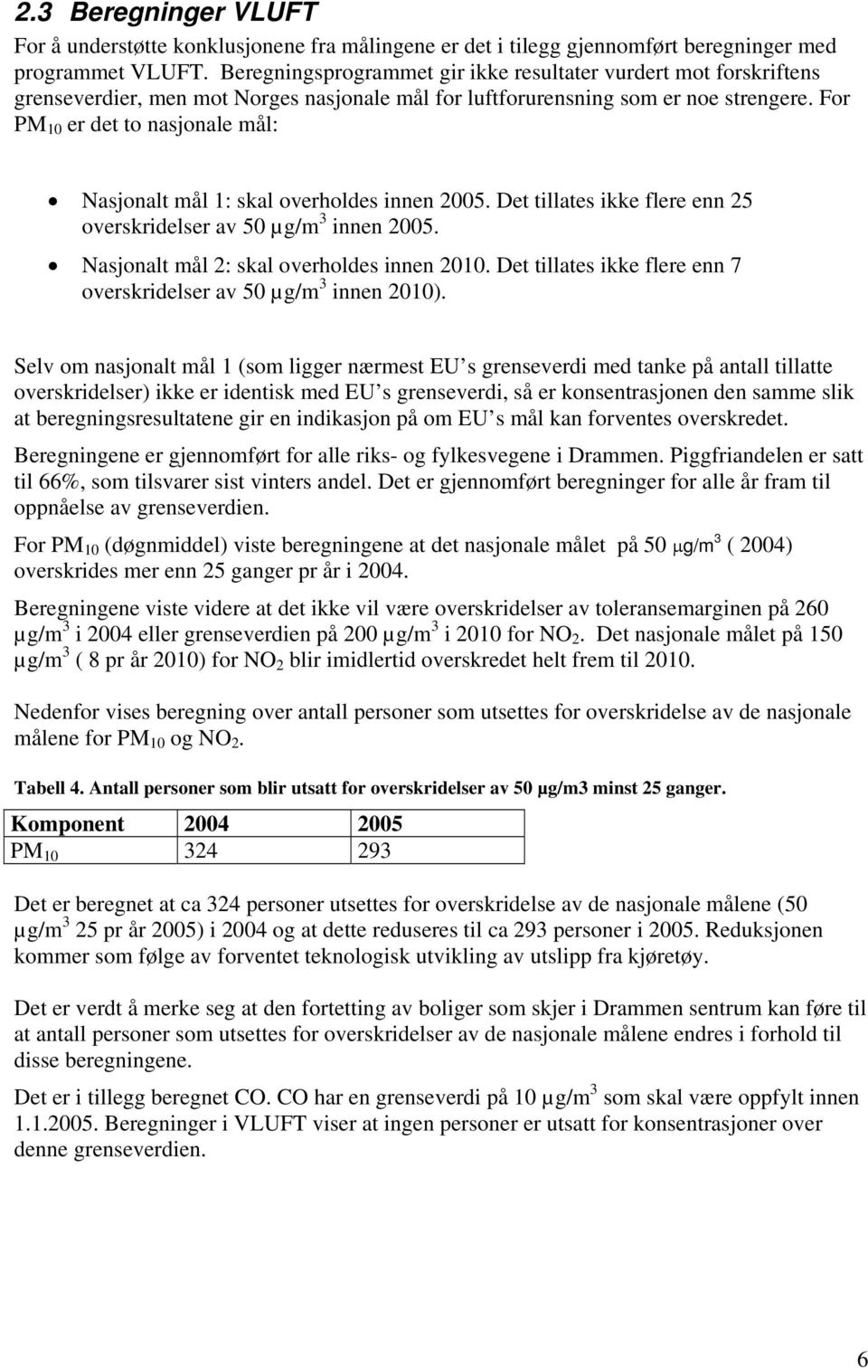 For PM 10 er det to nasjonale mål: Nasjonalt mål 1: skal overholdes innen 2005. Det tillates ikke flere enn 25 overskridelser av 50 µg/m 3 innen 2005. Nasjonalt mål 2: skal overholdes innen 2010.