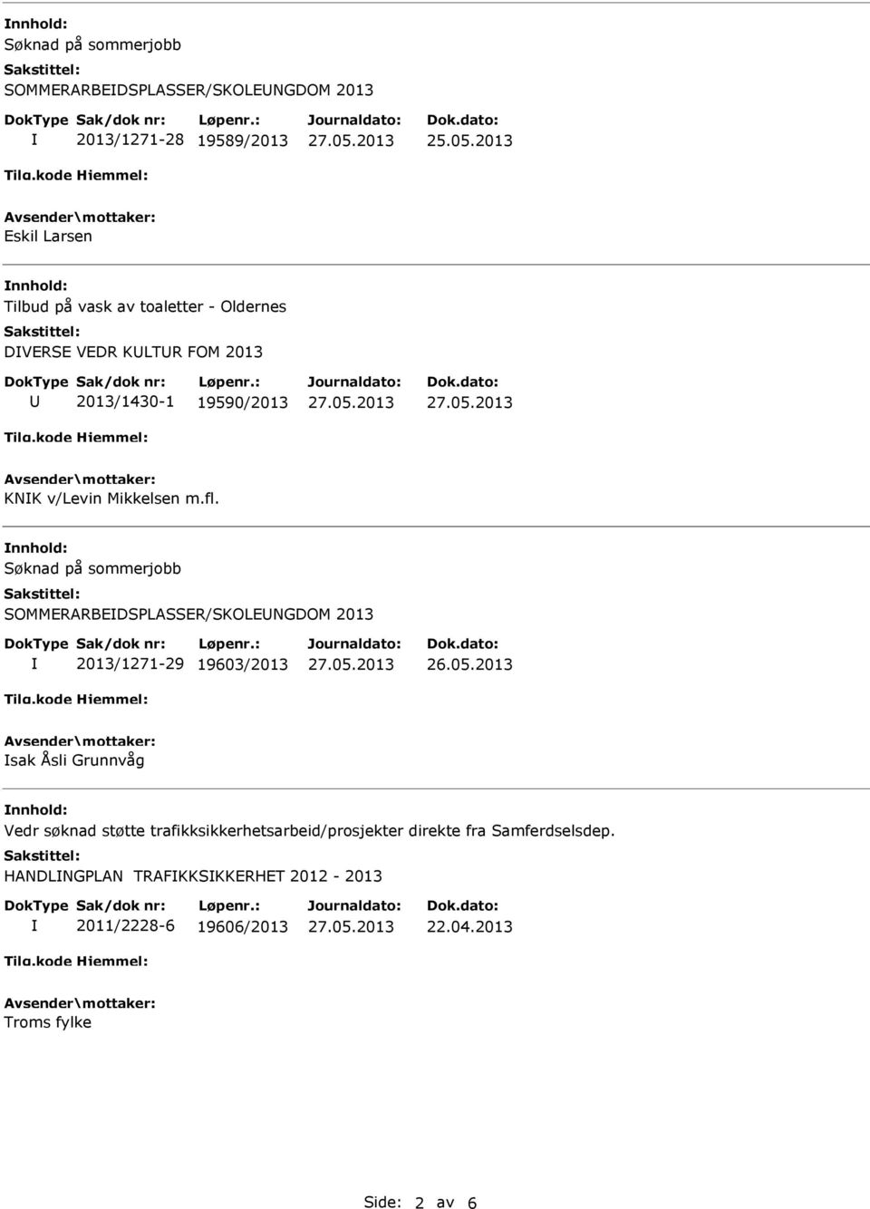 v/levin Mikkelsen m.fl. nnhold: SOMMERARBEDSPLASSER/SKOLENGDOM 2013 2013/1271-29 19603/2013 26.05.