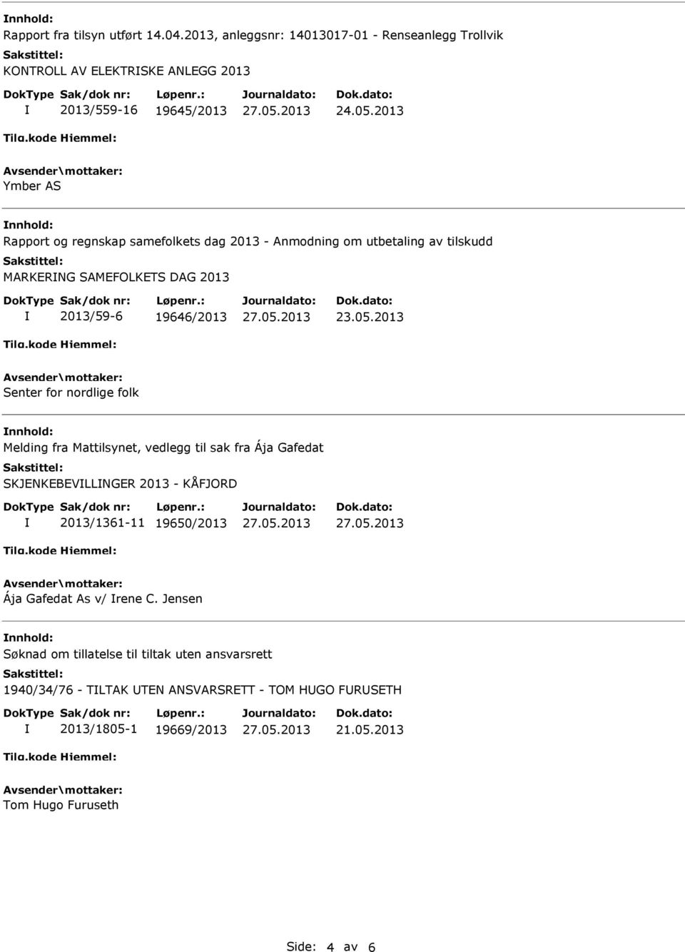 2013 Senter for nordlige folk nnhold: Melding fra Mattilsynet, vedlegg til sak fra Ája Gafedat SKJENKEBEVLLNGER 2013 - KÅFJORD 2013/1361-11 19650/2013 Ája Gafedat As