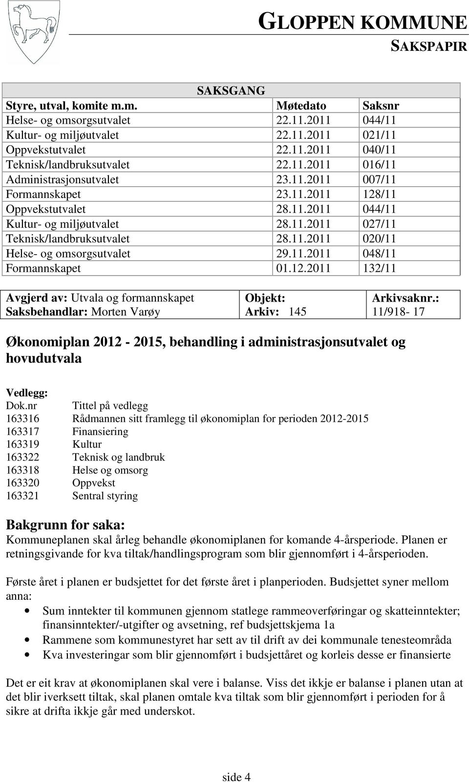 11.2011 048/11 Formannskapet 01.12.2011 132/11 Avgjerd av: Utvala og formannskapet Saksbehandlar: Morten Varøy Objekt: Arkiv: 145 Arkivsaknr.