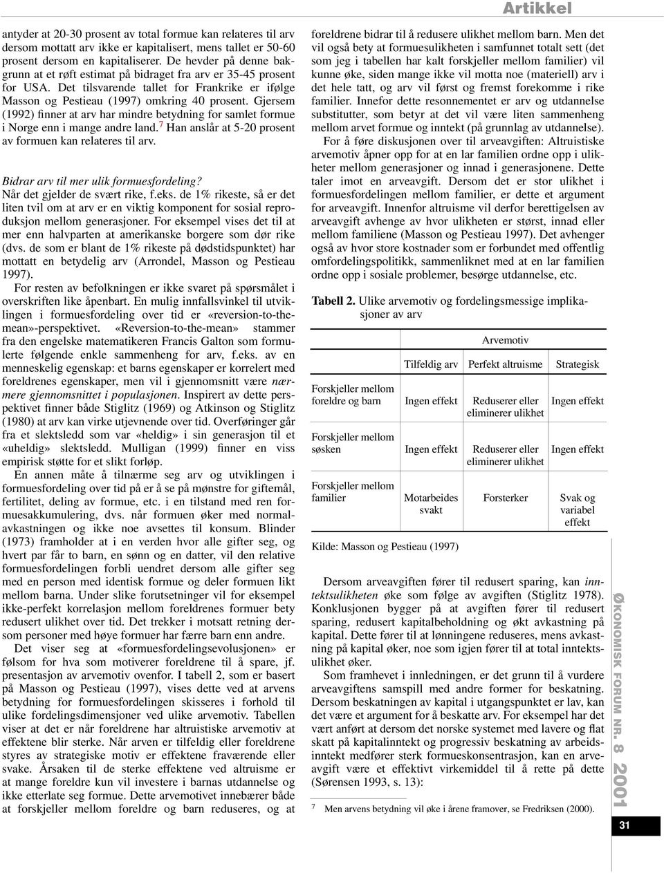 Gjersem (1992) finner at arv har mindre betydning for samlet formue i Norge enn i mange andre land. 7 Han anslår at 5-20 prosent av formuen kan relateres til arv.