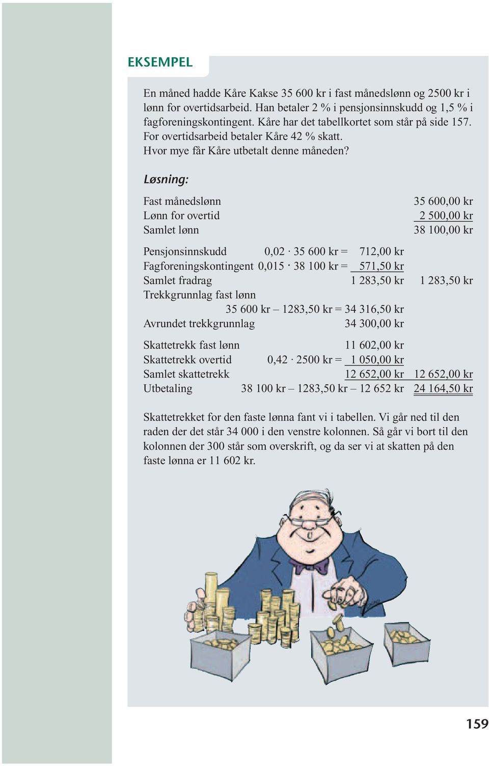 Hvor mye får Kåre utbetalt denne måneden Løsning: Fast månedslønn Lønn for overtid Samlet lønn 35 600,00 kr 2 500,00 kr 38 100,00 kr Pensjonsinnskudd 0,02 35 600 kr = 712,00 kr Fagforeningskontingent