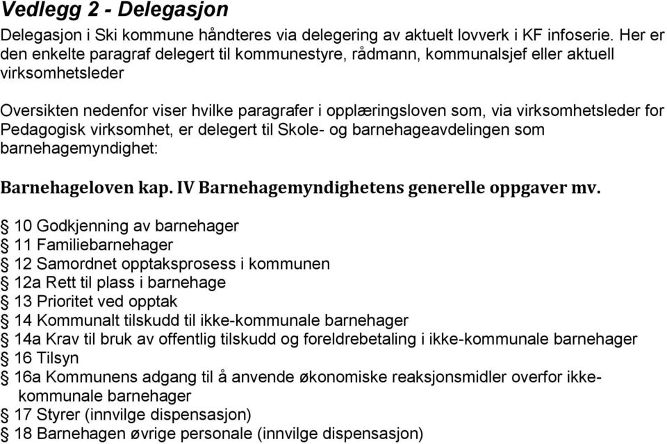 Pedagogisk virksomhet, er delegert til Skole- og som barnehagemyndighet: Barnehageloven kap. IV Barnehagemyndighetens generelle oppgaver mv.