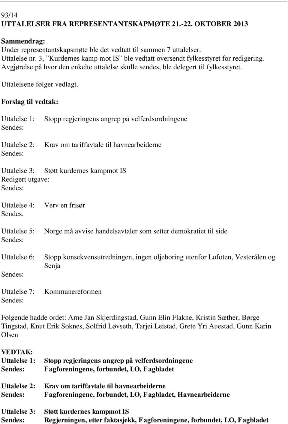 Uttalelse 1: Uttalelse 2: Stopp regjeringens angrep på velferdsordningene Krav om tariffavtale til havnearbeiderne Uttalelse 3: Støtt kurdernes kampmot IS Redigert utgave: Uttalelse 4: Sendes.