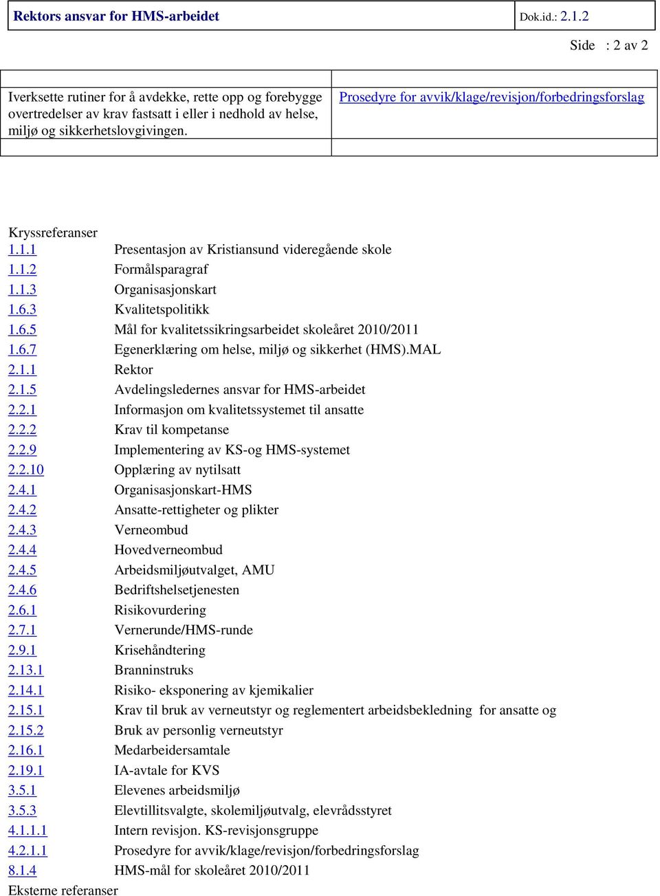 Prosedyre for avvik/klage/revisjon/forbedringsforslag Kryssreferanser 1.1.1 Presentasjon av Kristiansund videregående skole 1.1.2 Formålsparagraf 1.1.3 Organisasjonskart 1.6.