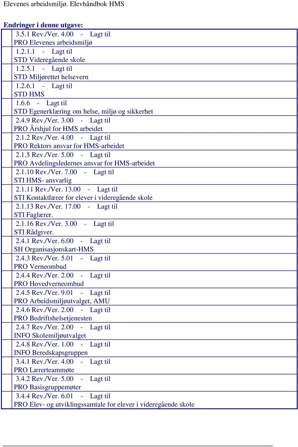 00 - Lagt til PRO Rektors ansvar for HMS-arbeidet 2.1.5 Rev./Ver. 5.00 - Lagt til PRO Avdelingsledernes ansvar for HMS-arbeidet 2.1.10 Rev./Ver. 7.00 - Lagt til STI HMS- ansvarlig 2.1.11 Rev./Ver. 13.