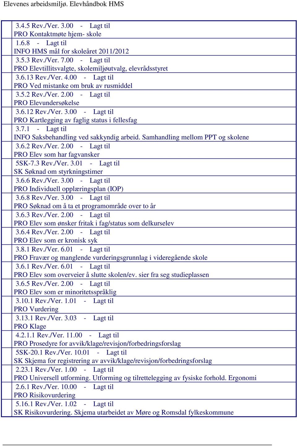 /Ver. 3.00 - Lagt til PRO Kartlegging av faglig status i fellesfag 3.7.1 - Lagt til INFO Saksbehandling ved sakkyndig arbeid. Samhandling mellom PPT og skolene 3.6.2 Rev./Ver. 2.