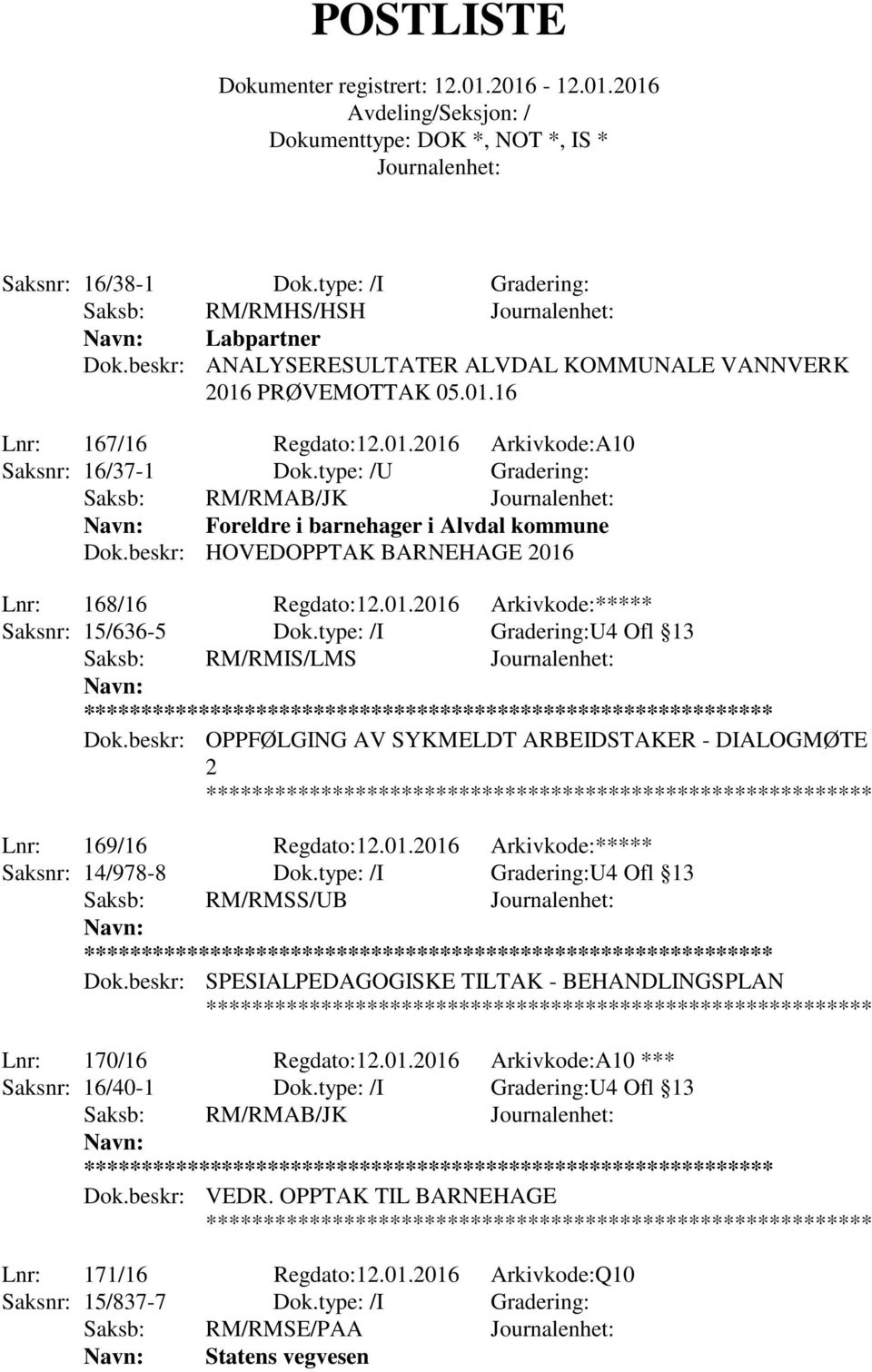 type: /I Gradering:U4 Ofl 13 Saksb: RM/RMIS/LMS ** Dok.beskr: OPPFØLGING AV SYKMELDT ARBEIDSTAKER - DIALOGMØTE 2 Lnr: 169/16 Regdato:12.01.2016 Arkivkode:***** Saksnr: 14/978-8 Dok.