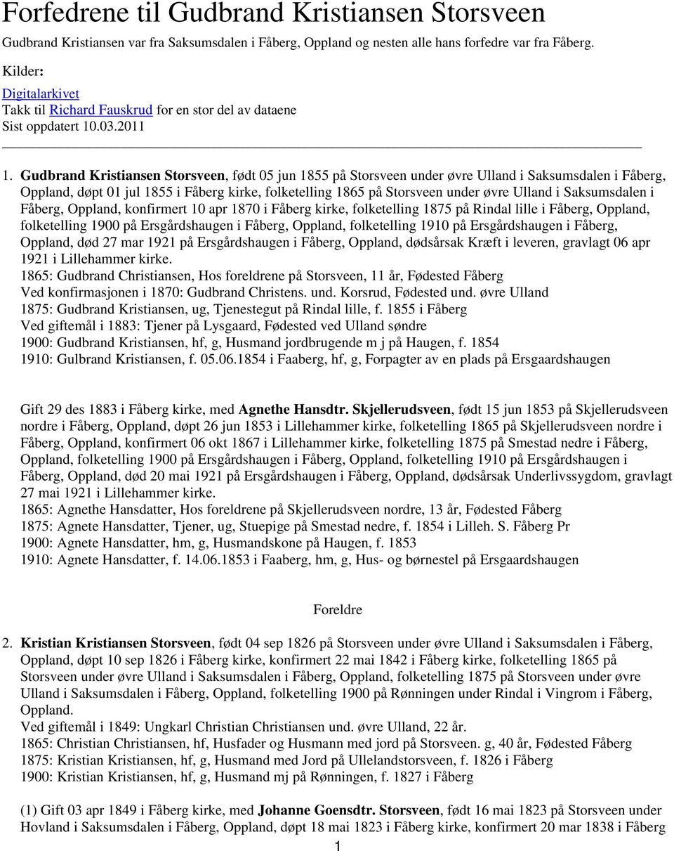 Gudbrand Kristiansen Storsveen, født 05 jun 1855 på Storsveen under øvre Ulland i Saksumsdalen i Fåberg, Oppland, døpt 01 jul 1855 i Fåberg kirke, folketelling 1865 på Storsveen under øvre Ulland i