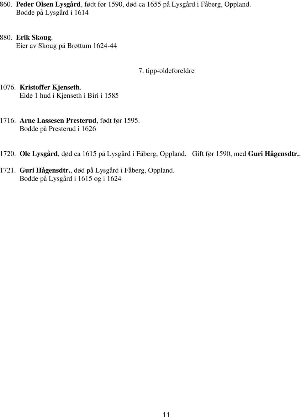 tipp-oldeforeldre 1716. Arne Lassesen Presterud, født før 1595. Bodde på Presterud i 1626 1720.