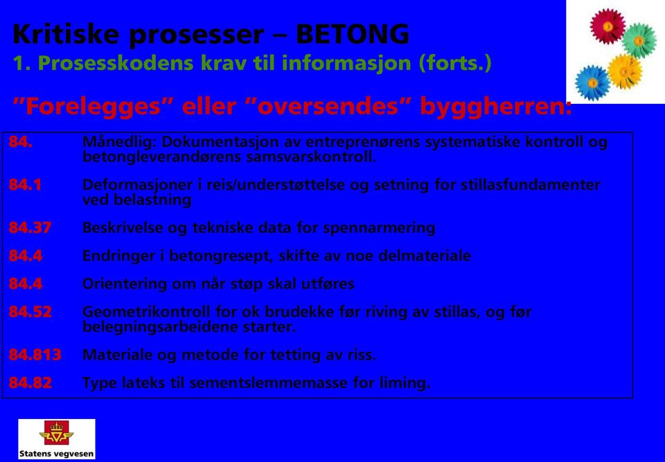 1 Deformasjoner i reis/understøttelse og setning for stillasfundamenter ved belastning 84.37 Beskrivelse og tekniske data for spennarmering 84.