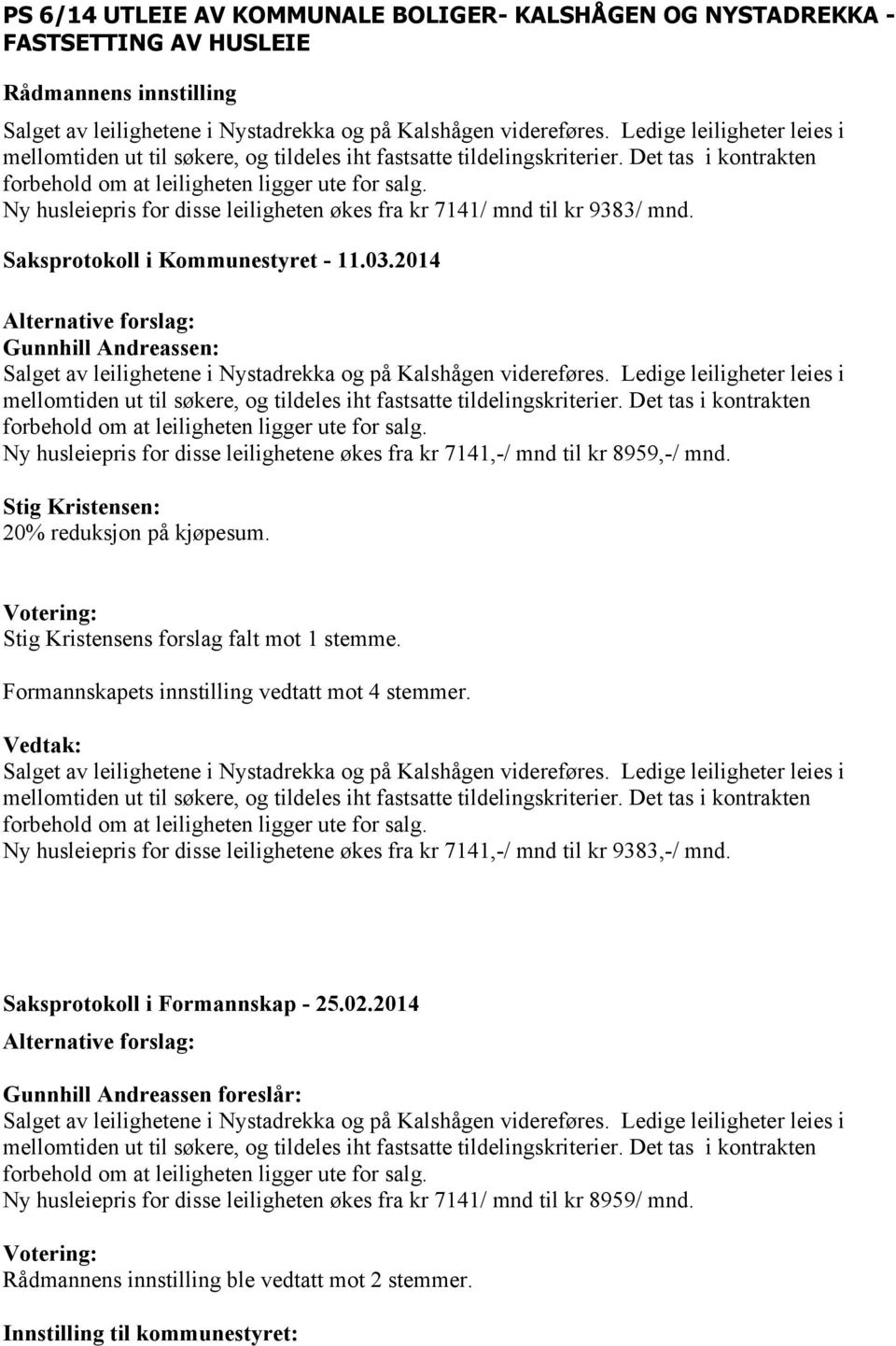 Ny husleiepris for disse leiligheten økes fra kr 7141/ mnd til kr 9383/ mnd. Saksprotokoll i Kommunestyret - 11.03.