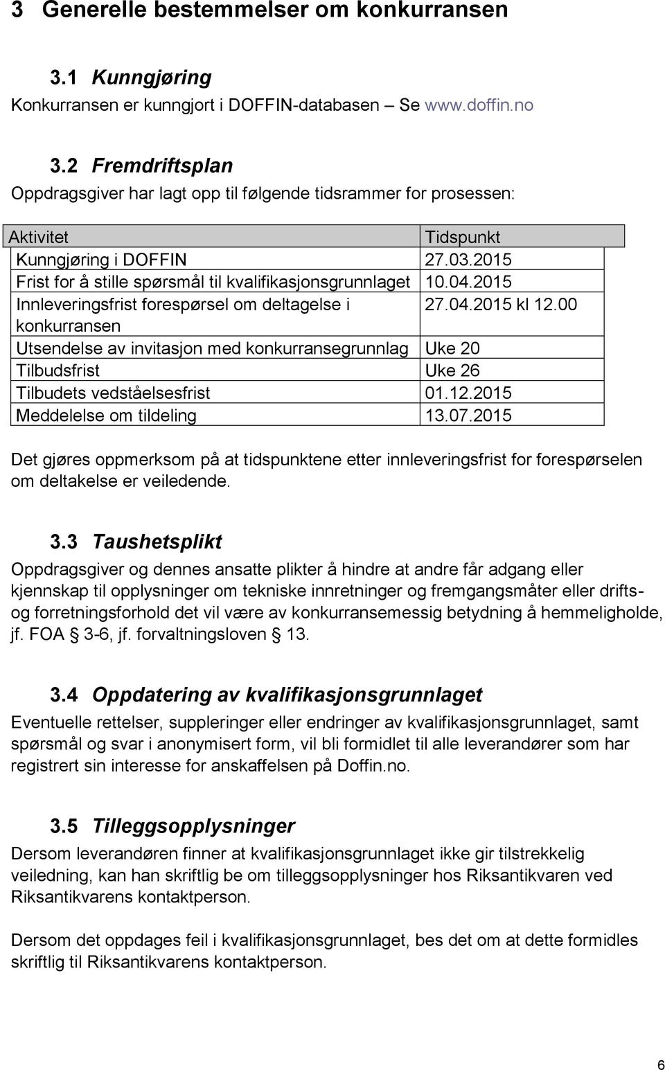 2015 Innleveringsfrist forespørsel om deltagelse i 27.04.2015 kl 12.00 konkurransen Utsendelse av invitasjon med konkurransegrunnlag Uke 20 Tilbudsfrist Uke 26 Tilbudets vedståelsesfrist 01.12.2015 Meddelelse om tildeling 13.