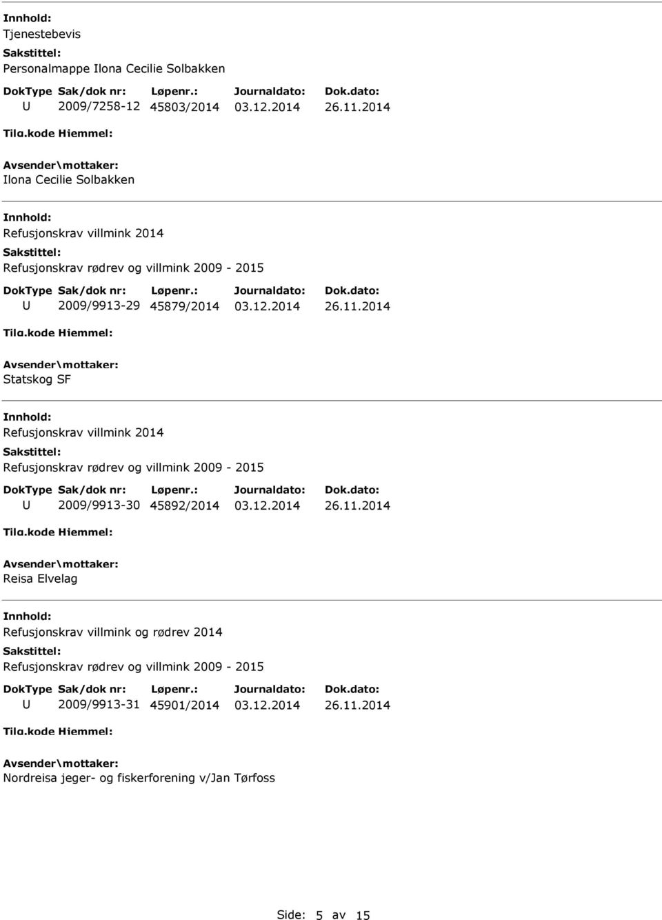 2014 Statskog SF Refusjonskrav villmink 2014 Refusjonskrav rødrev og villmink 2009-2015 2009/9913-30 45892/2014 26.11.