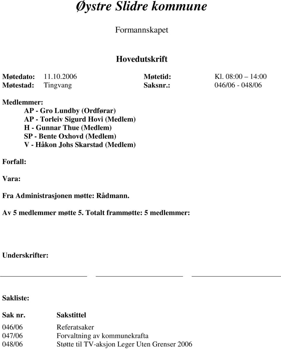 (Medlem) V - Håkon Johs Skarstad (Medlem) Forfall: Vara: Fra Administrasjonen møtte: Rådmann. Av 5 medlemmer møtte 5.