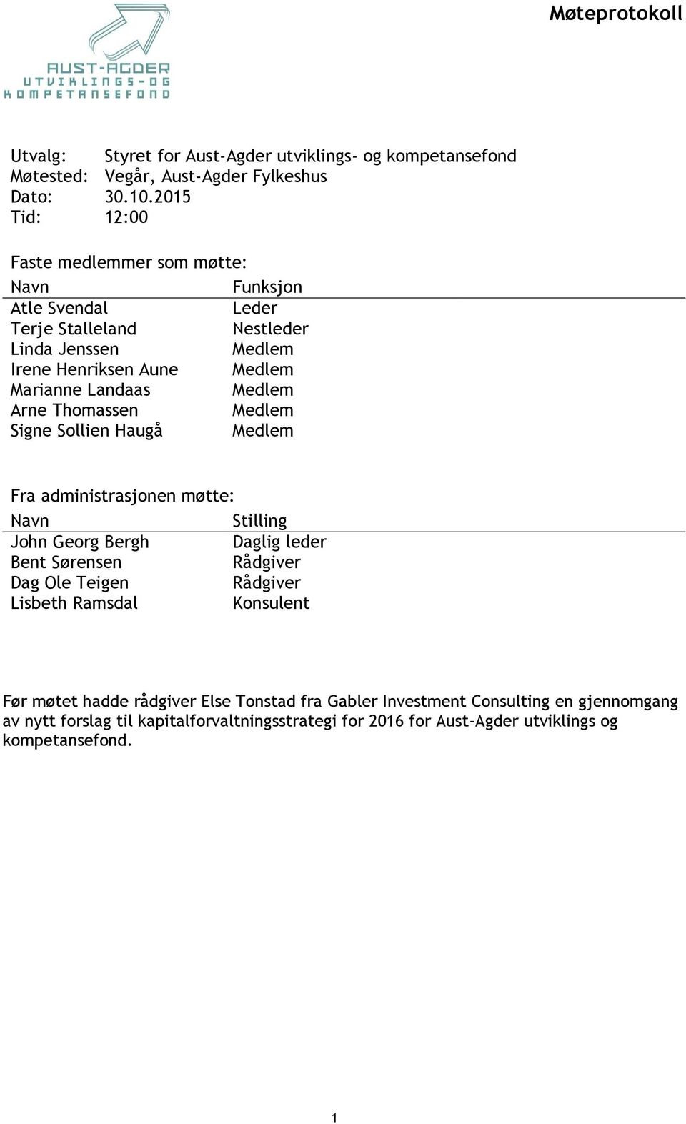 Medlem Arne Thomassen Medlem Signe Sollien Haugå Medlem Fra administrasjonen møtte: Navn Stilling John Georg Bergh Bent Sørensen Daglig leder Rådgiver Dag Ole Teigen