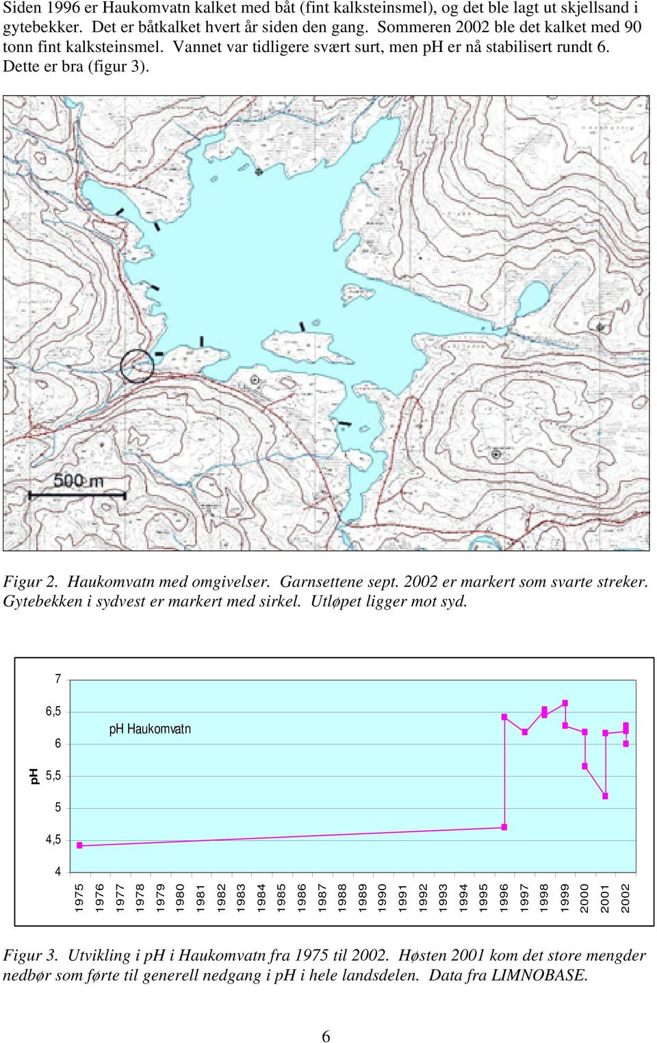 Garnsettene sept. 2002 er markert som svarte streker. Gytebekken i sydvest er markert med sirkel. Utløpet ligger mot syd.