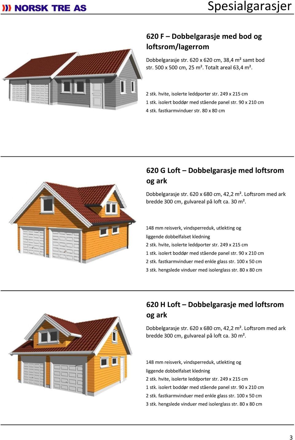 Loftsrom med ark bredde 300 cm, gulvareal på loft ca. 30 m². 148 mm reisverk, vindsperreduk, utlekting og liggende dobbelfalset kledning 2 stk. hvite, isolerte leddporter str. 249 x 215 cm 2 stk.