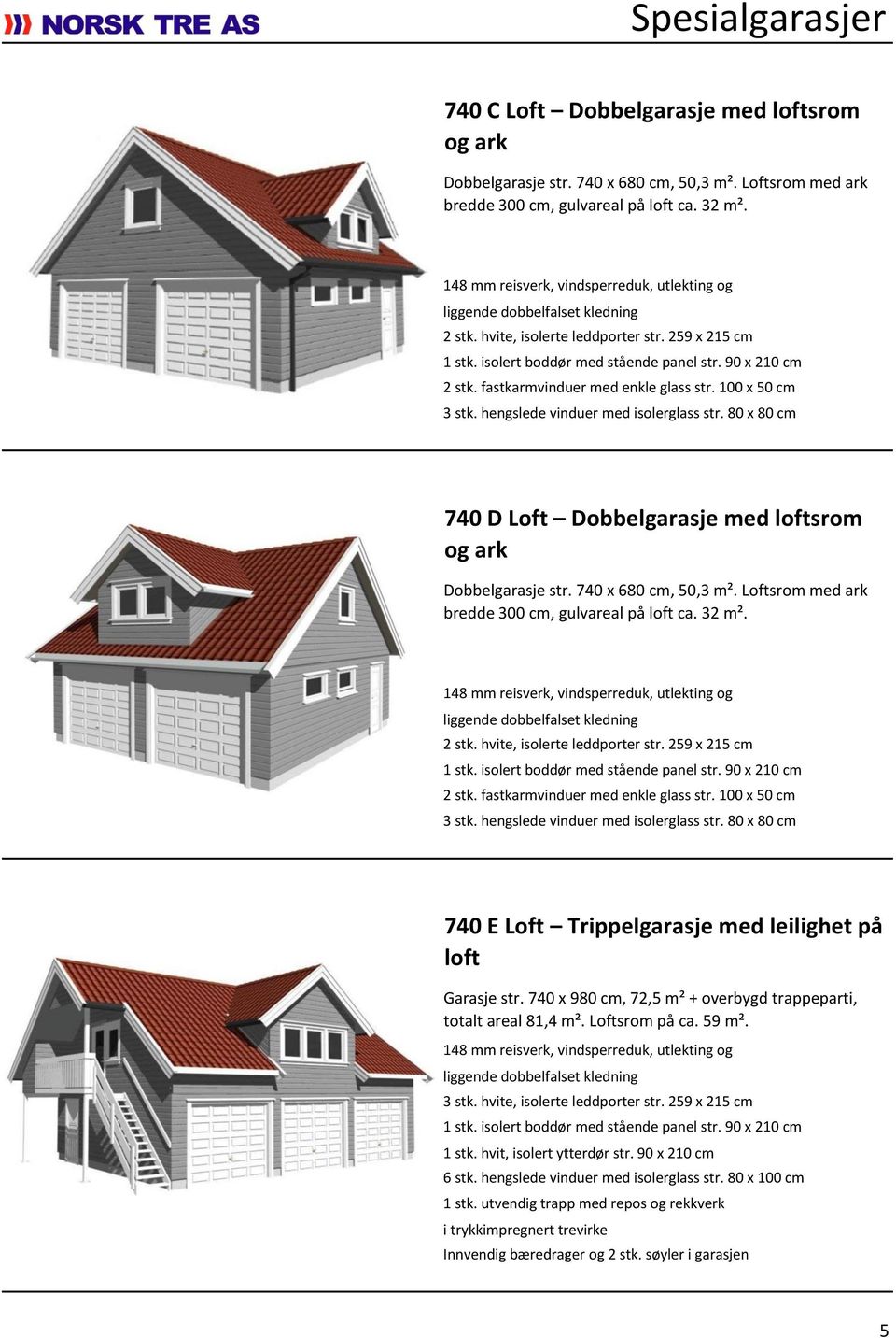 hengslede vinduer med isolerglass str. 80 x 80 cm 740 D Loft Dobbelgarasje med loftsrom og ark Dobbelgarasje str. 740 x 680 cm, 50,3 m². Loftsrom med ark bredde 300 cm, gulvareal på loft ca. 32 m².