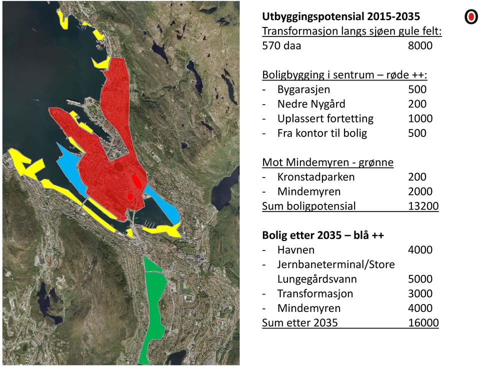 Mindemyren grønne Kronstadparken 200 Mindemyren 2000 Sum boligpotensial 13200 Bolig etter 2035 blå ++