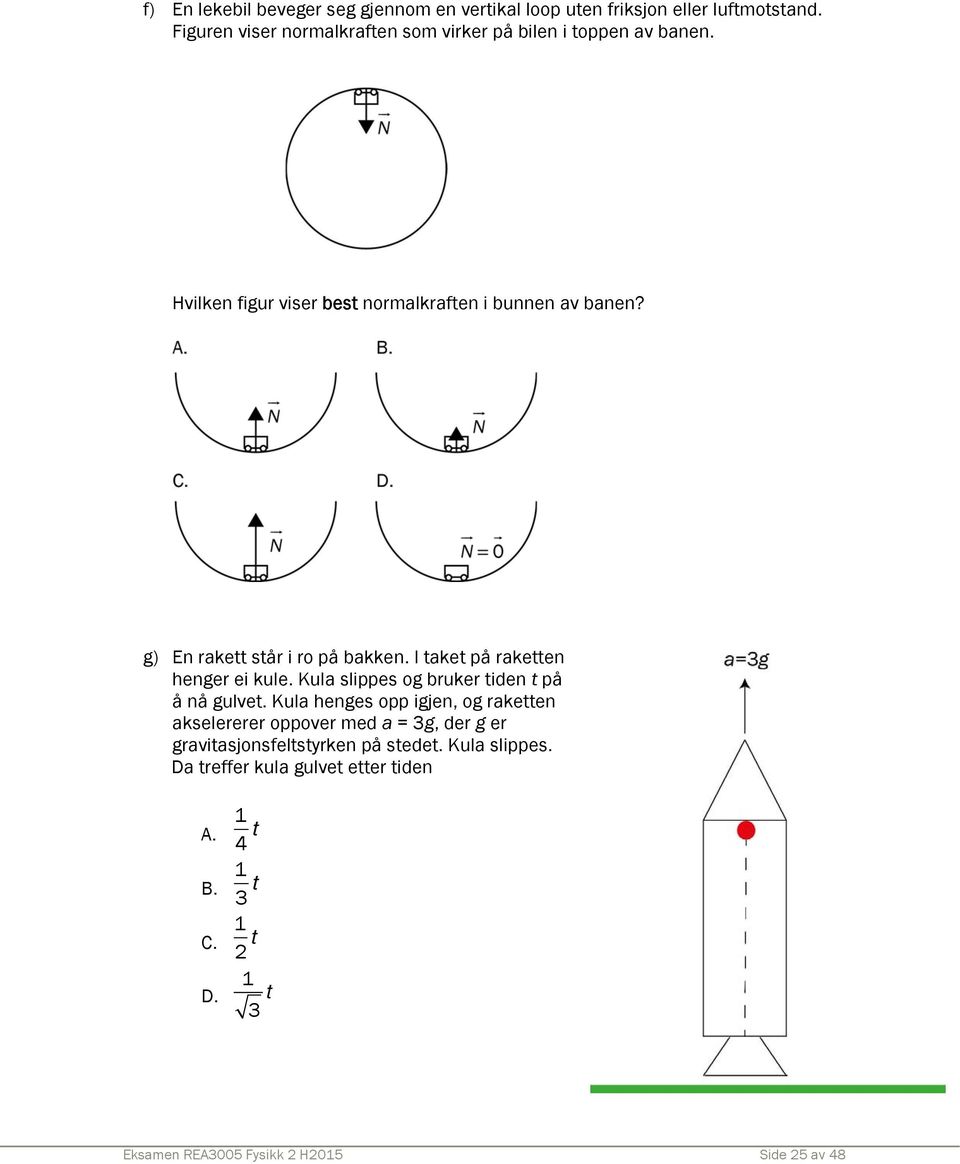 g) En rakett står i ro på bakken. I taket på raketten henger ei kule. Kula slippes og bruker tiden t på å nå gulvet.