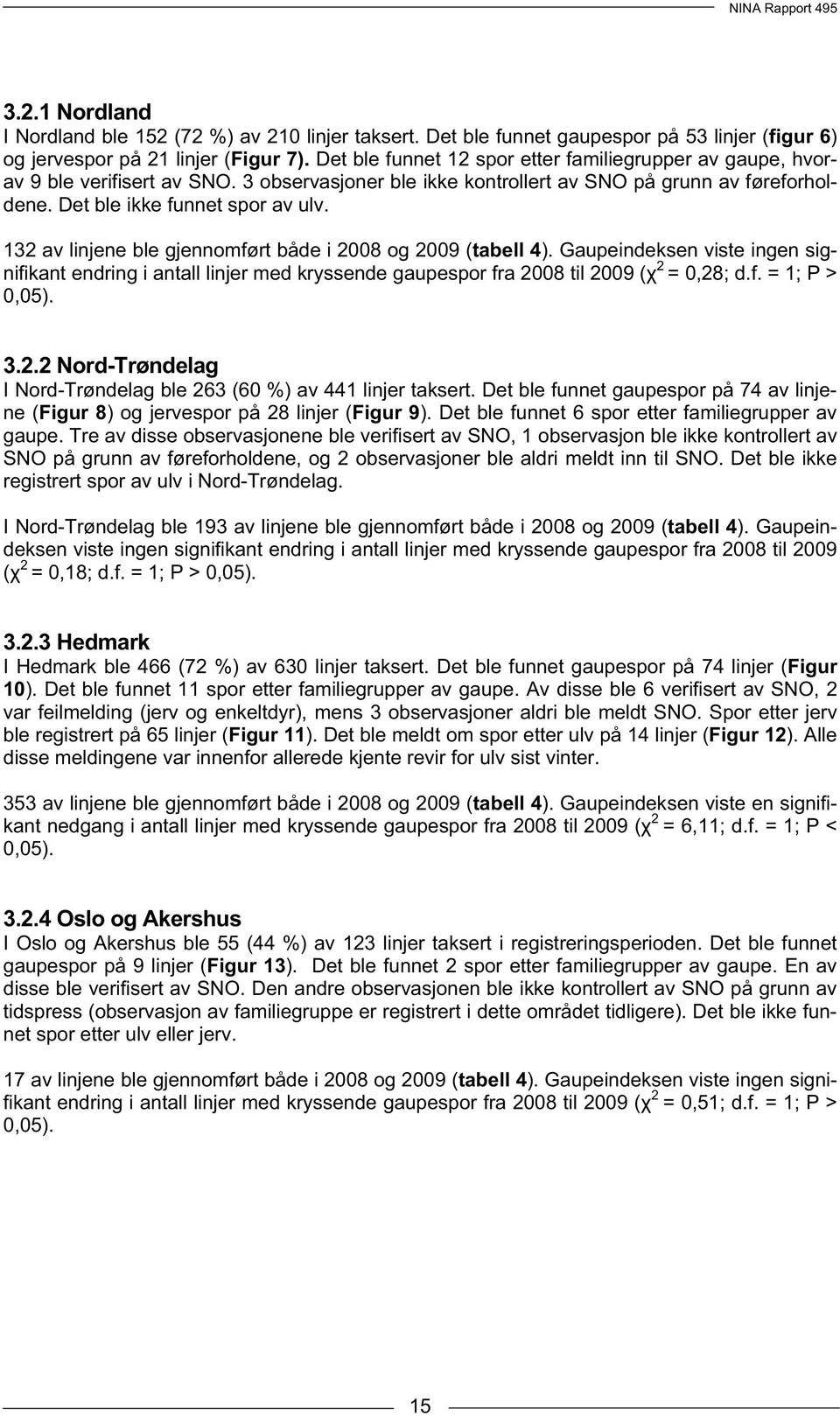 132 av linjene ble gjennomført både i 2008 og 2009 (tabell 4). Gaupeindeksen viste ingen signifikant endring i antall linjer med kryssende gaupespor fra 2008 til 2009 ( 2 = 0,28; d.f. = 1; P > 0,05).