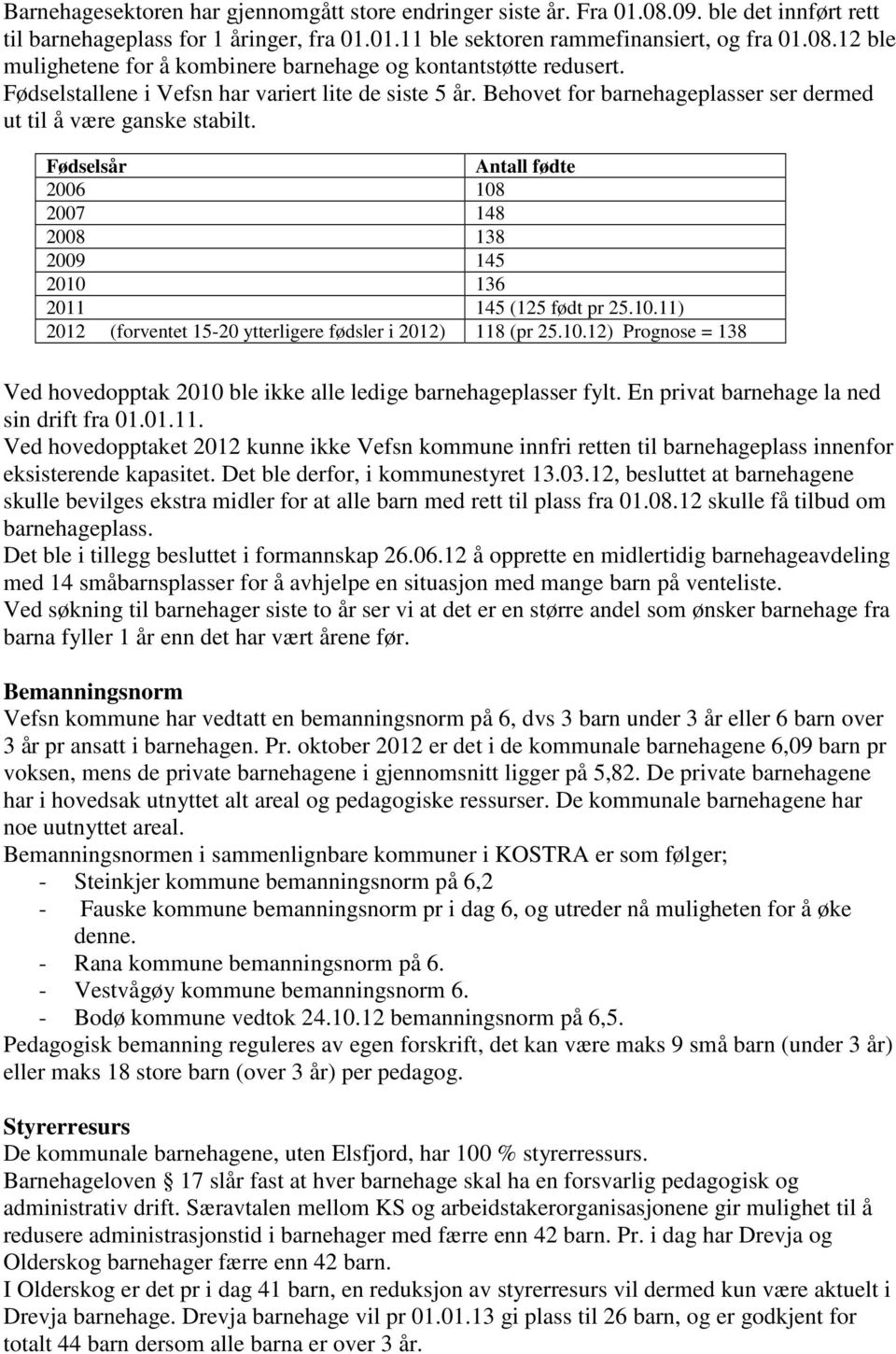 Fødselsår Antall fødte 2006 108 2007 148 2008 138 2009 145 2010 136 2011 145 (125 født pr 25.10.11) 2012 (forventet 15-20 ytterligere fødsler i 2012) 118 (pr 25.10.12) Prognose = 138 Ved hovedopptak 2010 ble ikke alle ledige barnehageplasser fylt.