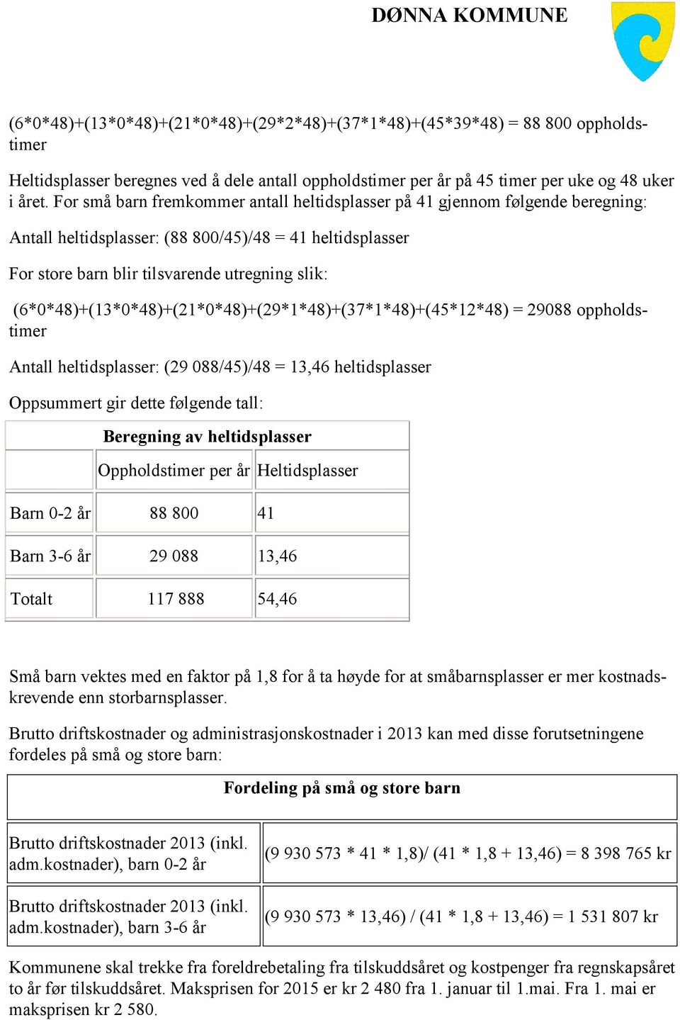 (6*0*48)+(13*0*48)+(21*0*48)+(29*1*48)+(37*1*48)+(45*12*48) = 29088 oppholds Antall heltidsplasser: (29 088/45)/48 = 13,46 heltidsplasser Oppsummert gir dette følgende tall: Beregning av