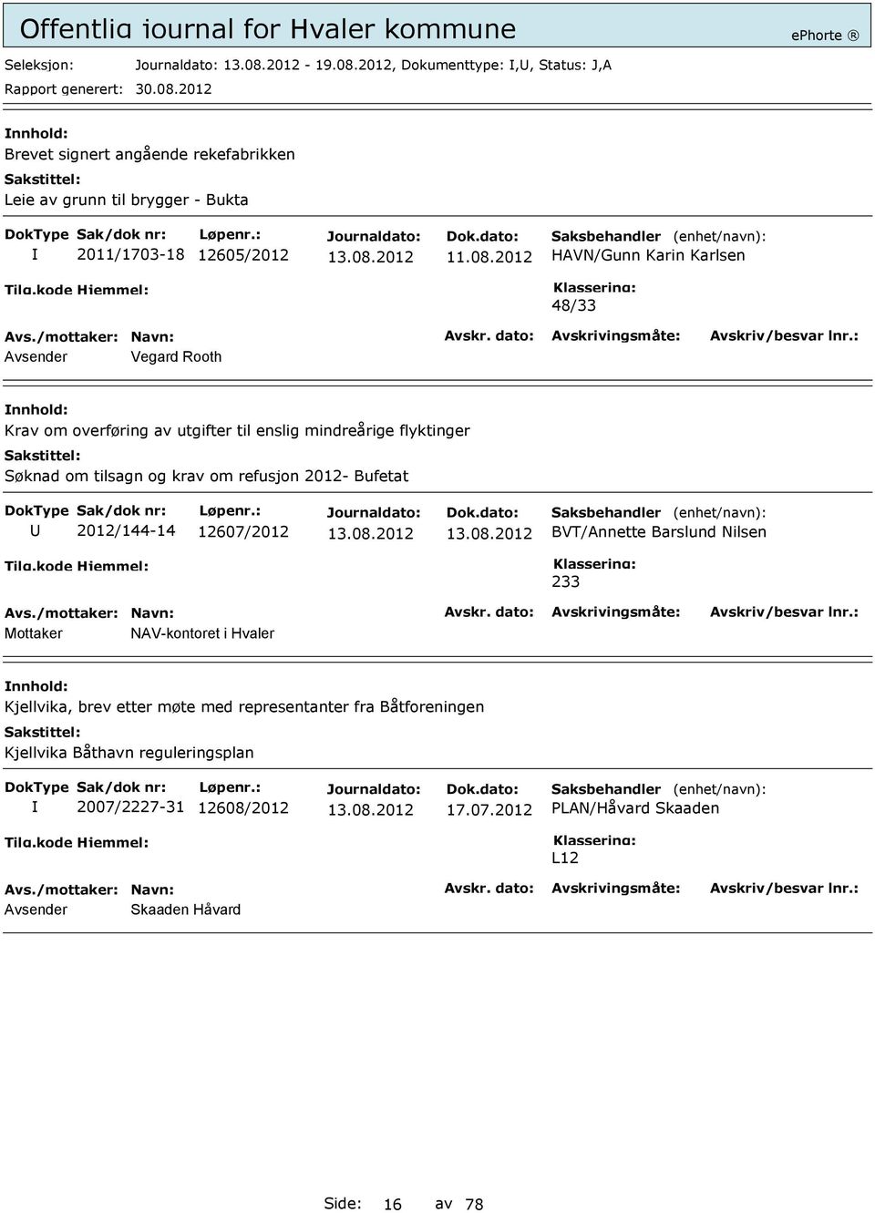 2012 HAVN/Gunn Karin Karlsen 48/33 Avsender Vegard Rooth Krav om overføring av utgifter til enslig mindreårige flyktinger Søknad om tilsagn og krav