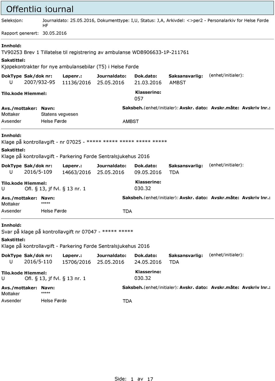 2016 AMBST 057 Mottaker Statens vegvesen AMBST Klage på kontrollavgift - nr 07025 - ***** ***** ***** ***** ***** Klage på kontrollavgift - arkering Førde