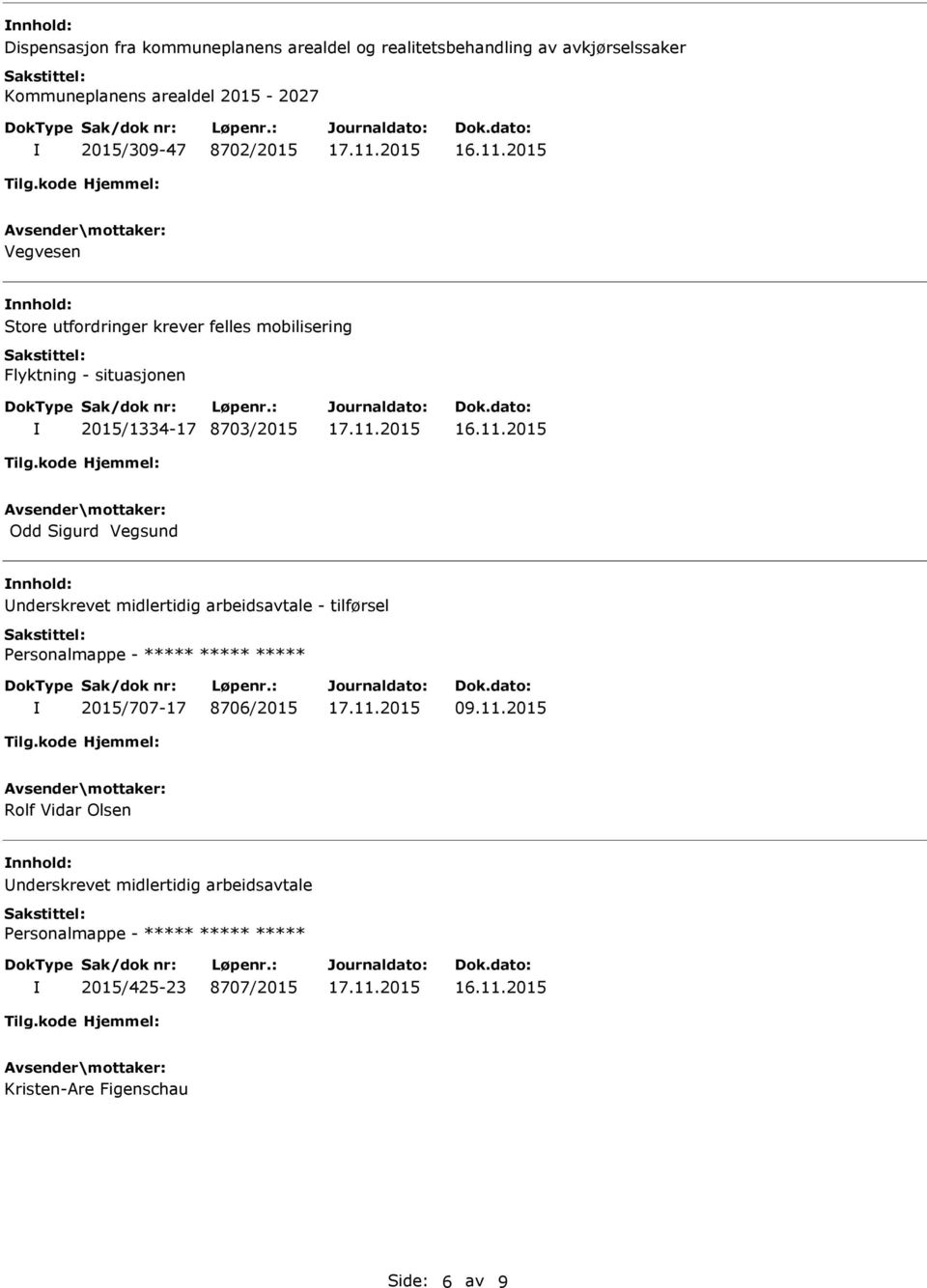 2015/1334-17 8703/2015 Odd Sigurd Vegsund nderskrevet midlertidig arbeidsavtale - tilførsel 2015/707-17 8706/2015