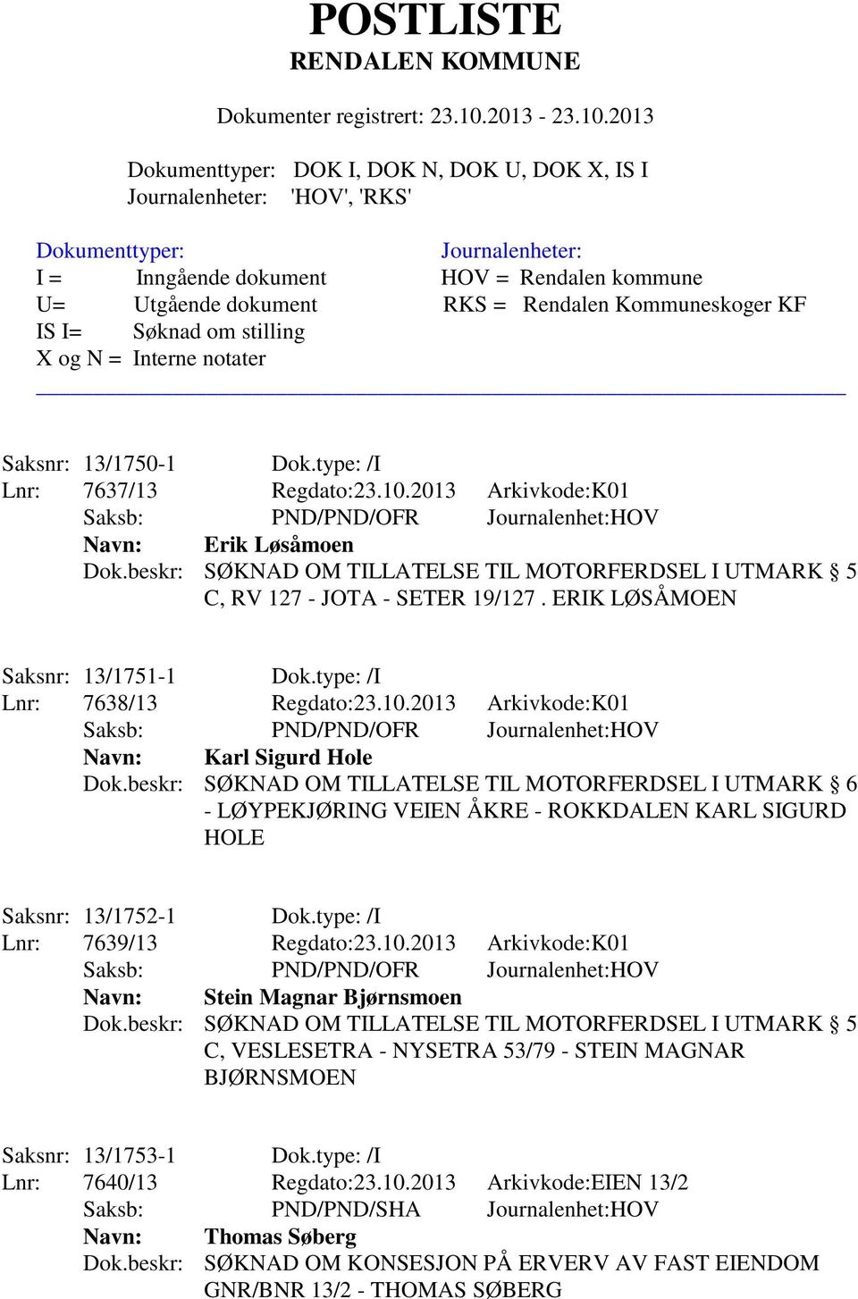 2013 Arkivkode:K01 Navn: Karl Sigurd Hole Dok.beskr: SØKNAD OM TILLATELSE TIL MOTORFERDSEL I UTMARK 6 - LØYPEKJØRING VEIEN ÅKRE - ROKKDALEN KARL SIGURD HOLE Saksnr: 13/1752-1 Dok.